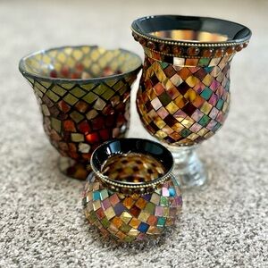 Set of 3 Mosaic Glass Candle Holders. 2 Partylite + 1 Coordinating - As Is